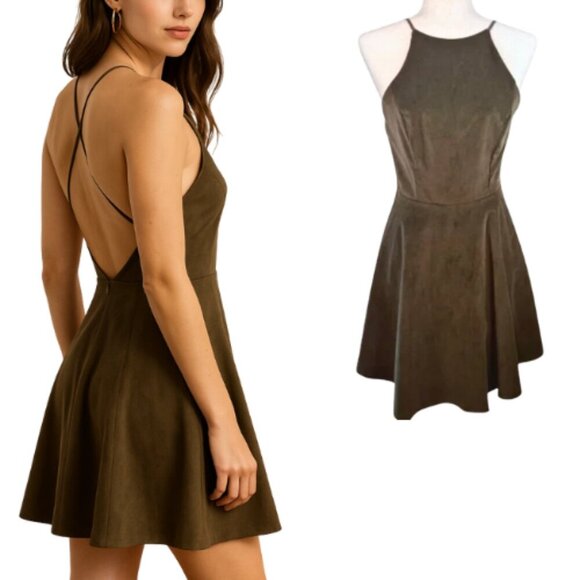 SAGE Olive Velvet Backless Halter Dress Size S - Picture 1 of 12
